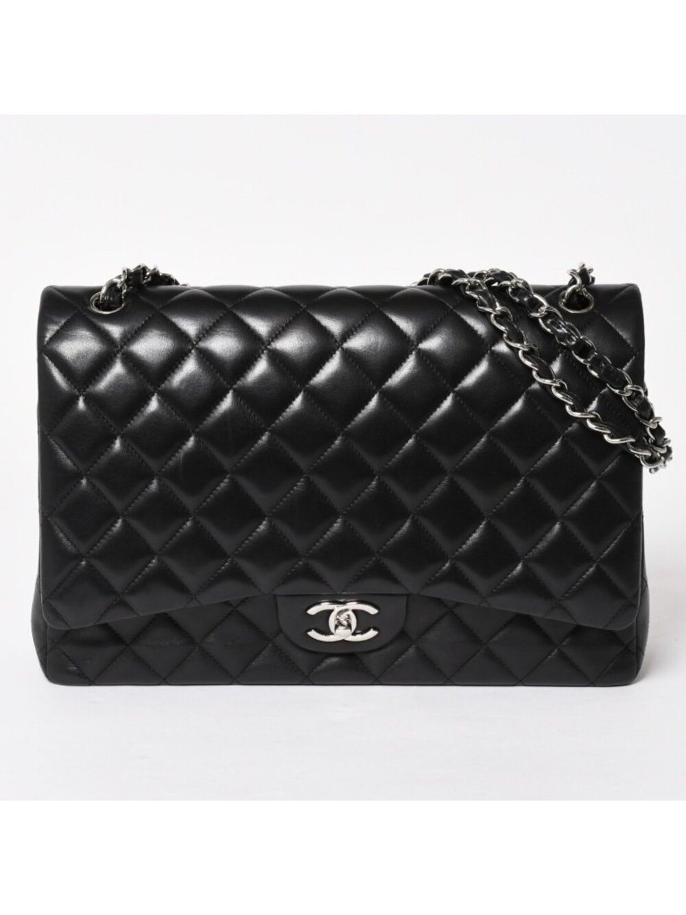 Chanel Maxi Quilted 33 Double Flap Chain Shoulder Bag CC Logo Lambskin Black